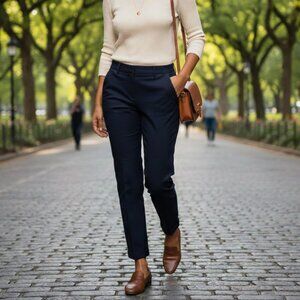 Theory Women's Size 12 Navy Blue Tailored Cotton Straight-Leg Pants